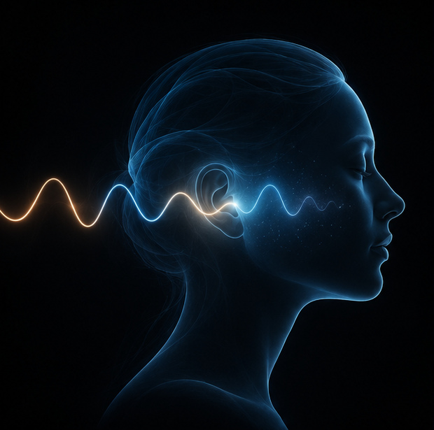 Illustration of a young woman with sound waves representing brainwave entrainment.