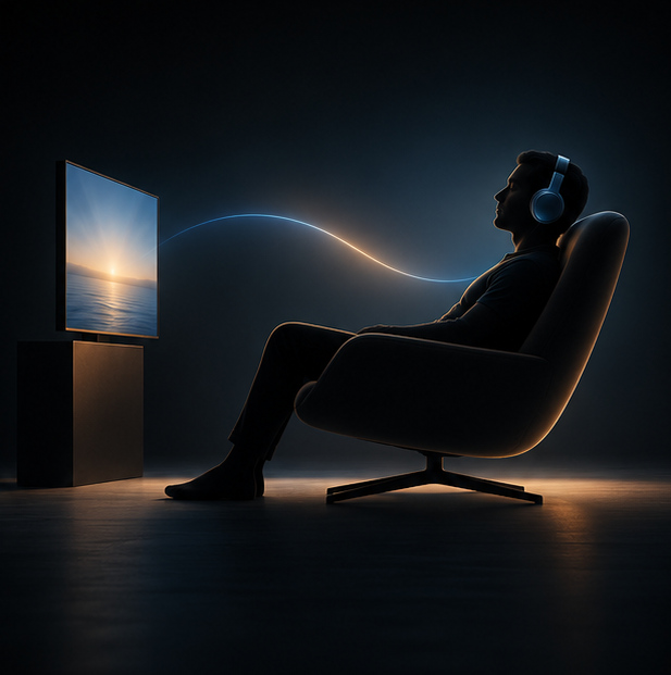 Person relaxing in a comfortable chair with headphones during a brainwave entrainment session using a flashing screen.