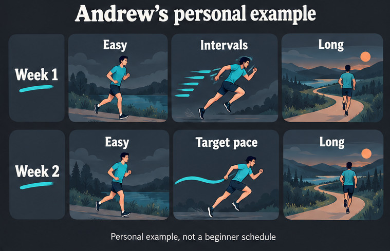 Two-week example alternating intervals and target-pace work alongside easy and long runs.
