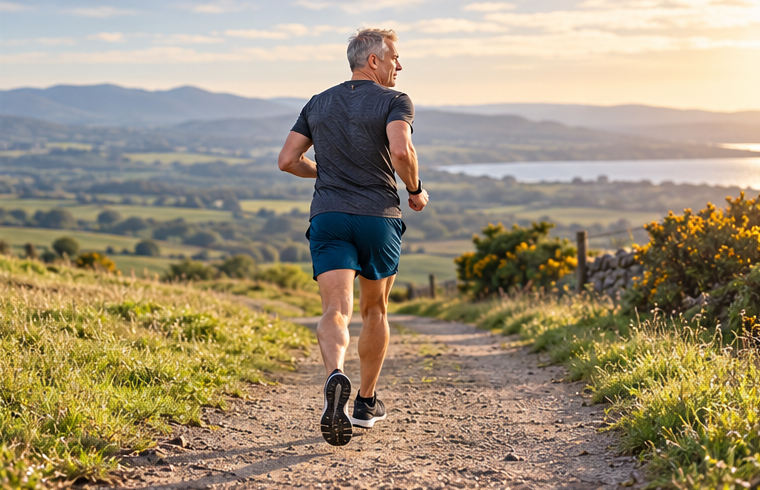 Frank running near a lake along a farm track