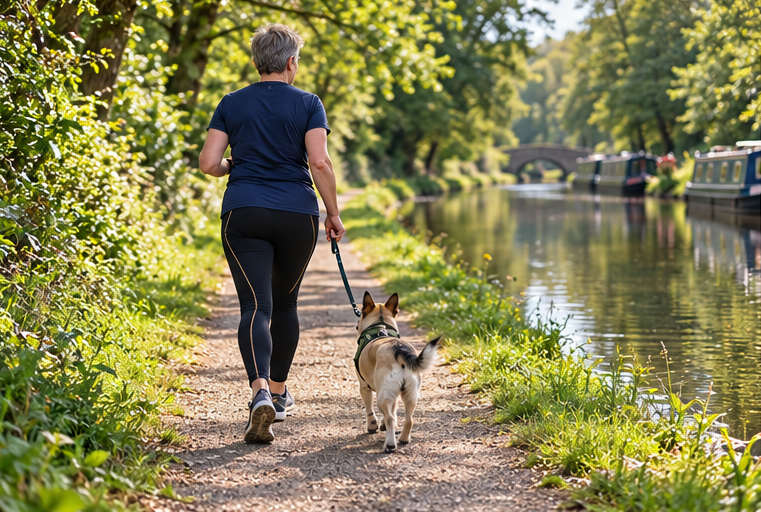 Julie running with Riley down the local canal