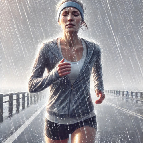 painting of a woman running in heavy rain painting of a woman running in heavy rain