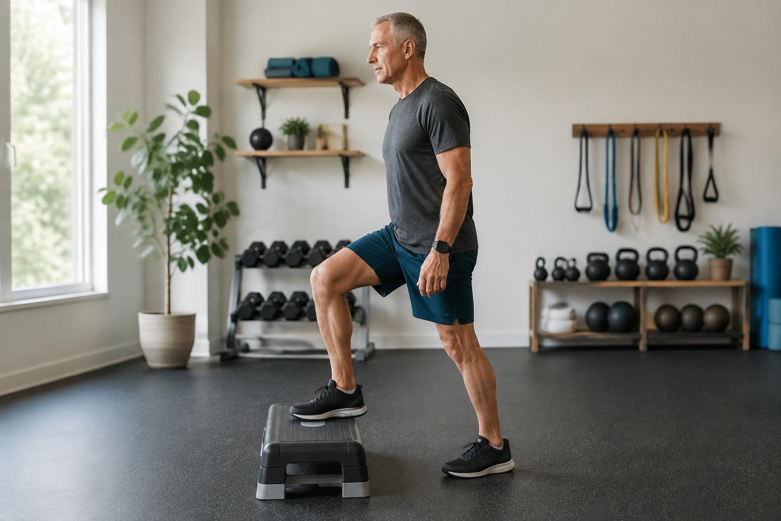 Older recreational runner performing a controlled step Older recreational runner performing a controlled step