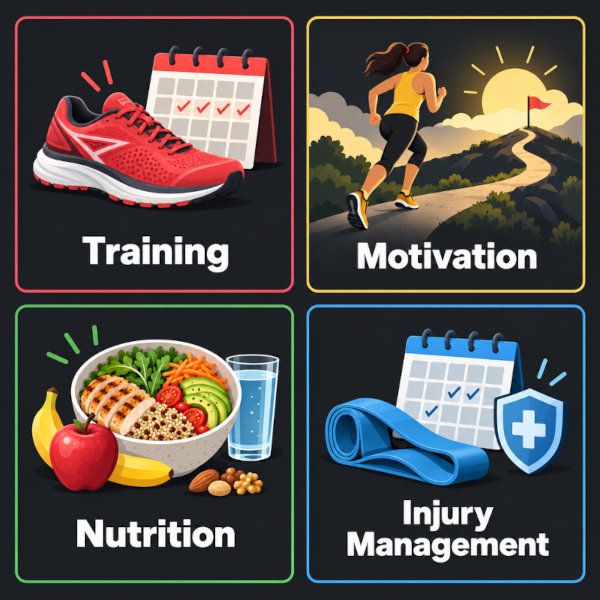 Four Foundations of running: Training, Motivation, Nutrition and Injury Management. Four Foundations of running: Training, Motivation, Nutrition and Injury Management.