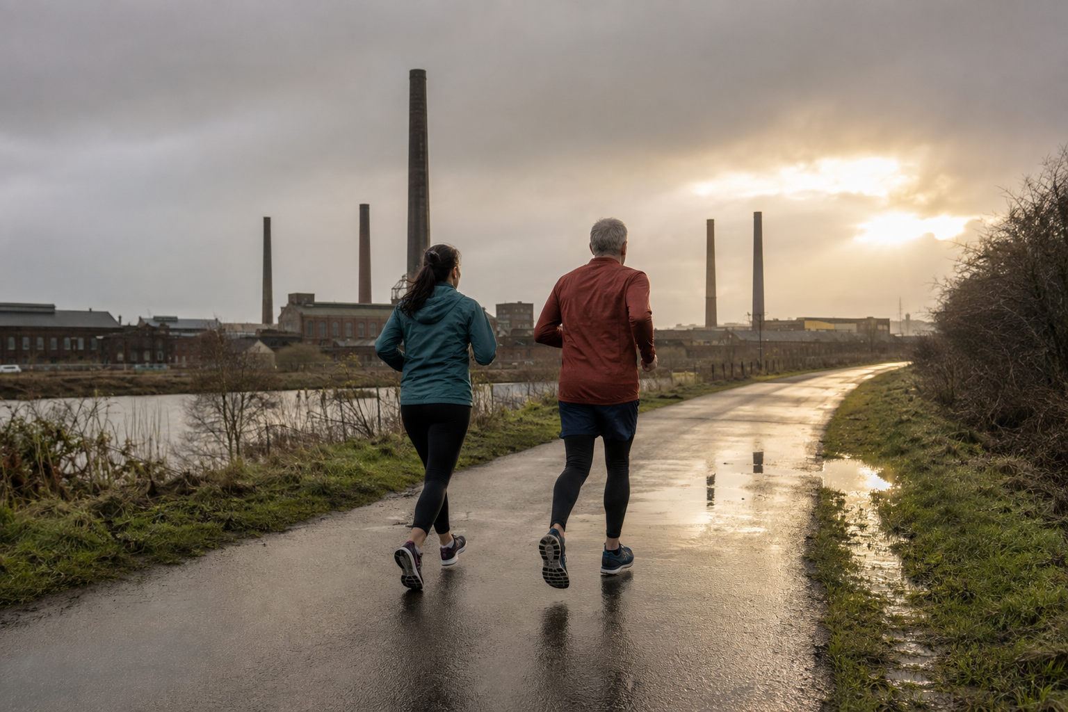 two runners run along a cycle path with industrial background. two runners run along a cycle path with industrial background.
