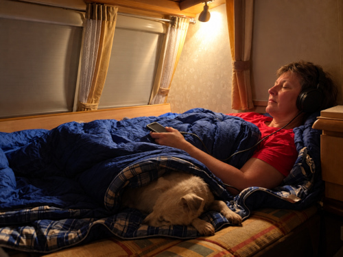 Julie listening to affirmations with Molly in the caravan Julie listening to affirmations with Molly in the caravan